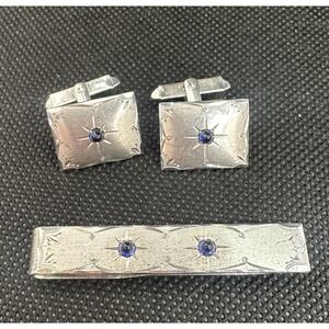 Vintage Signed Sterling Silver starburst Blue Stone cufflinks tie clip Set *read